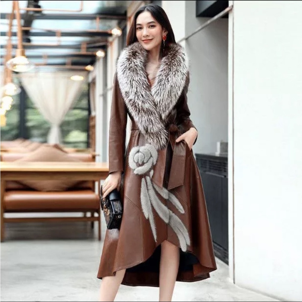 COPY - Brown faux leather fur collar floral design long coat jacket,Large
